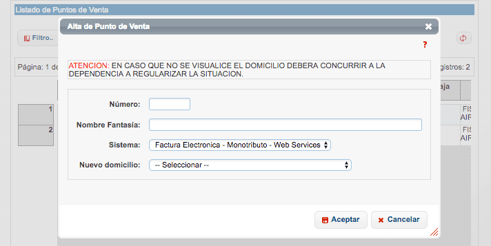 Alta de un punto de venta de monotributo para Web Service