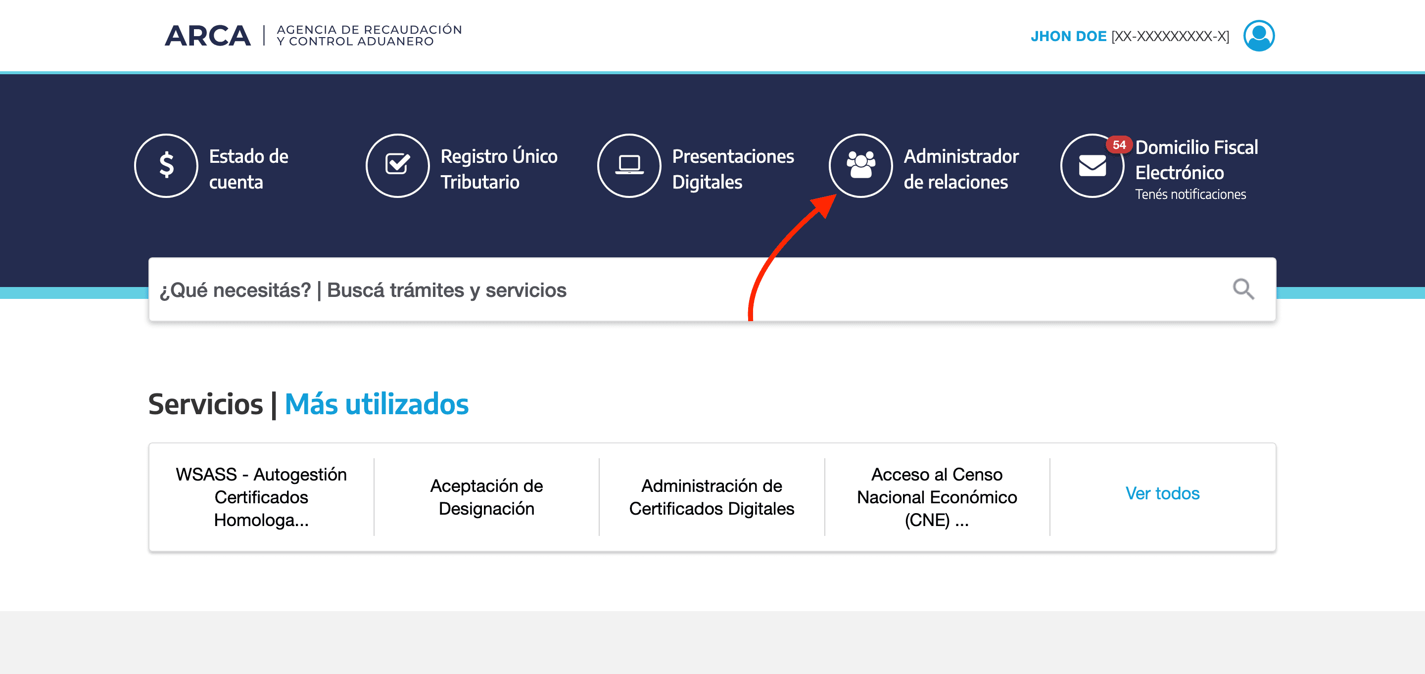 Administrador de relaciones en el portal de ARCA