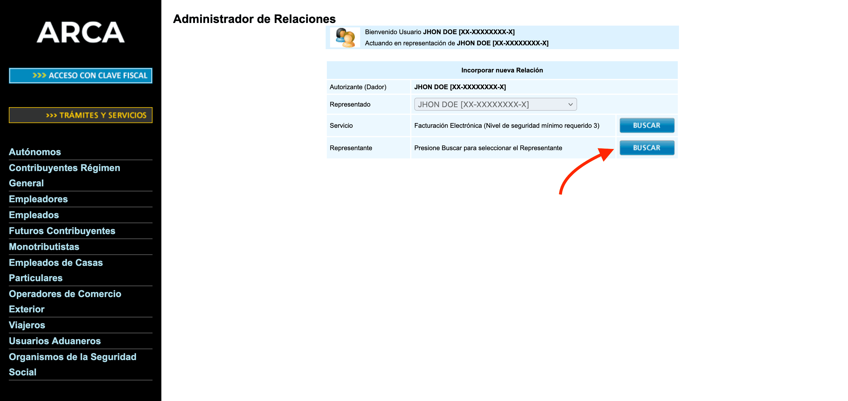 Búsqueda del representante