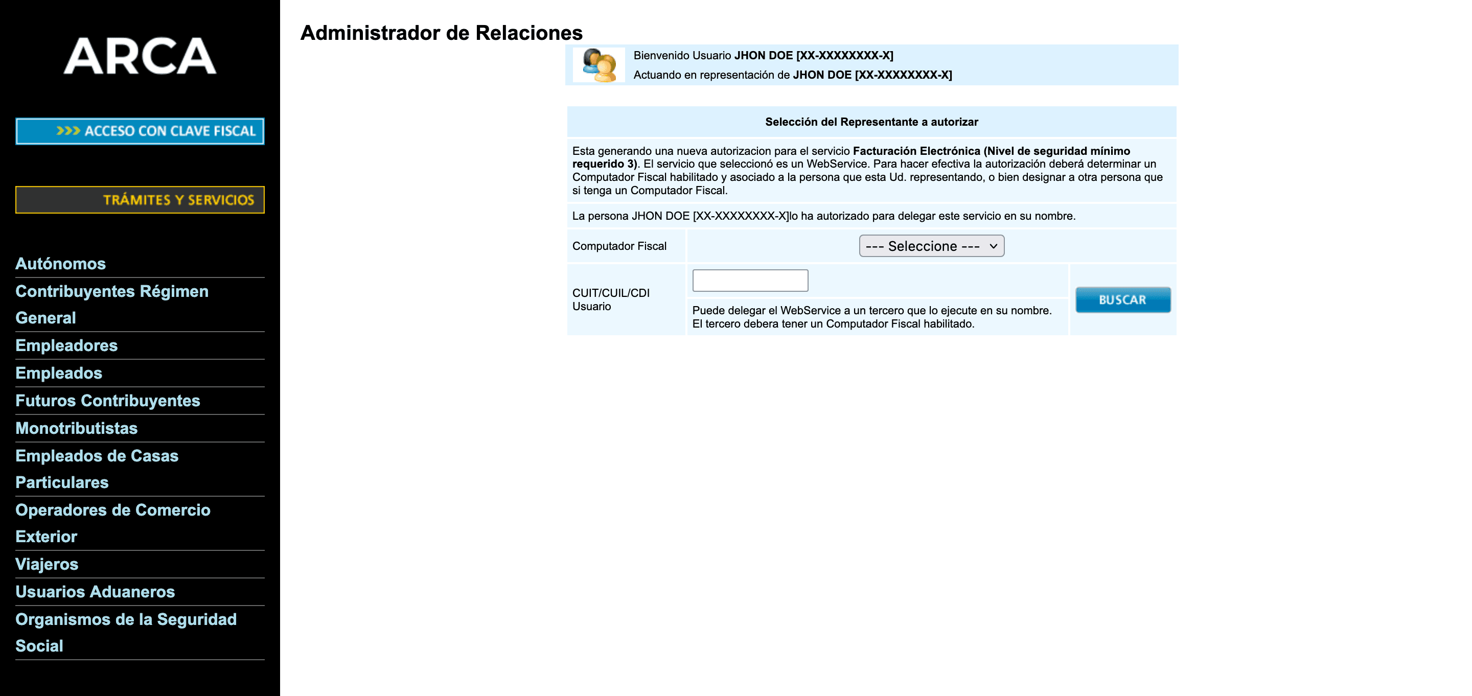 Ingreso del CUIT del representante