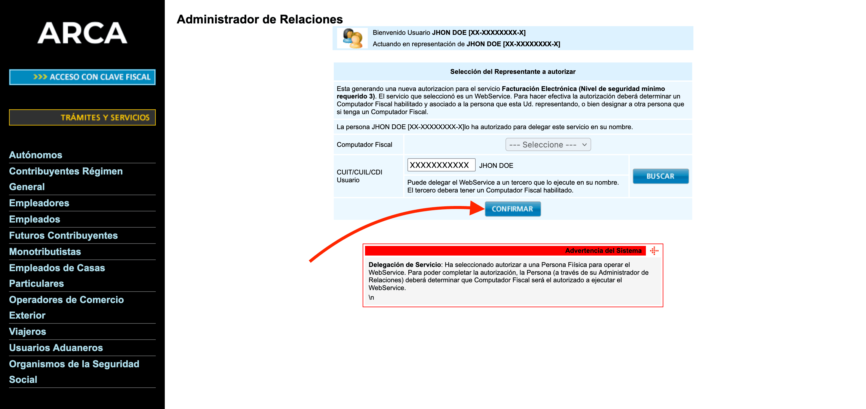 Confirmación del representante
